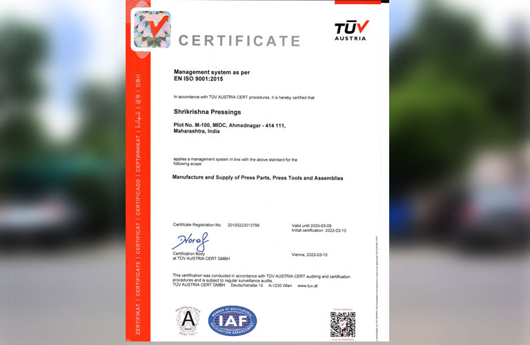Shrikrishna Pressings ISO Certification